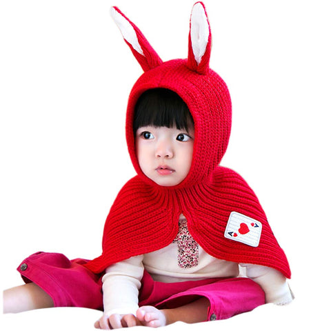 Lovely Baby Winter Conjoined Shawl Warm Cap Knitted Rabbit Ears Hat Unique Woolen Baby Hat Red