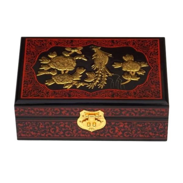 Two-Layer Wooden Jewelry Box Display Storage Case Treasure Chest Case with Lock, Phoenix Peony