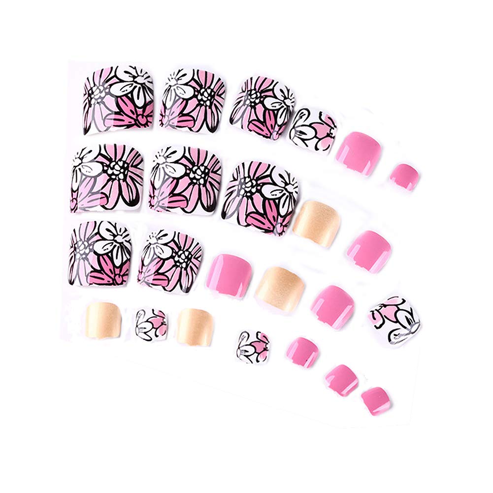24 Pcs Romantic Floral Short Artificial False Toe Nails Pink Toe Nails Decor