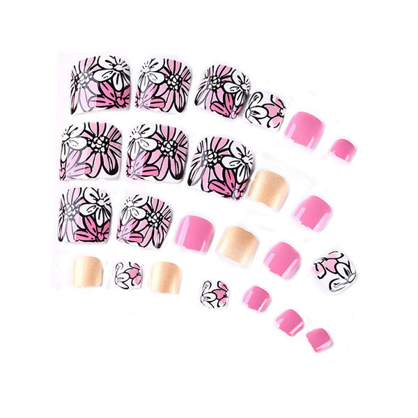 24 Pcs Romantic Floral Short Artificial False Toe Nails Pink Toe Nails Decor