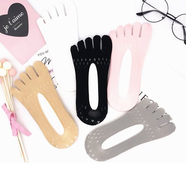 5 Pairs Women's Low Cut Thin Silk Stockings Five Fingers Ankle No Show Liner Socks(Beige)