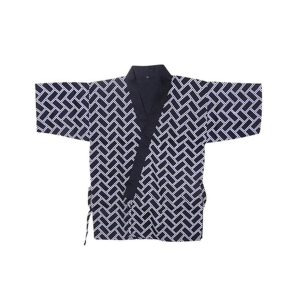 Japanese Style Lattice Print Chefs Clothes Half Sleeve Uniform Sushi Restaurant Waiter Workwear Coat Black
