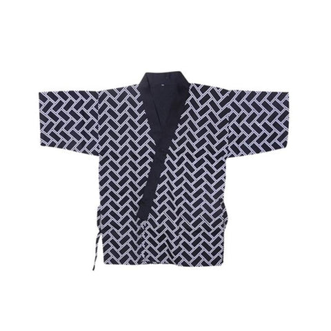 Japanese Style Lattice Print Chefs Clothes Half Sleeve Uniform Sushi Restaurant Waiter Workwear Coat Black