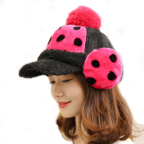 Creative Winter Hat with Ear Cover Warm Peaked Cap Fashion Dots Baseball Hat Red