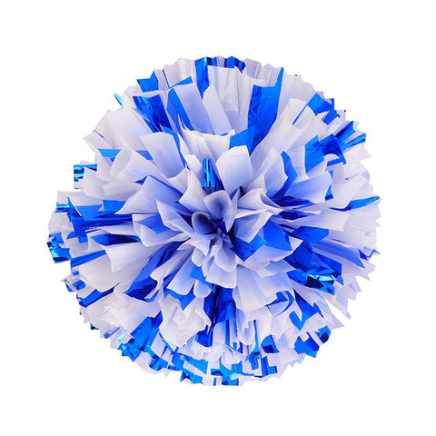 [80g] 1 Pair Cheerleading Poms PES Flower Ball Foil Pom Poms Plastic Ring Pom Poms for Dance[Blue+White]