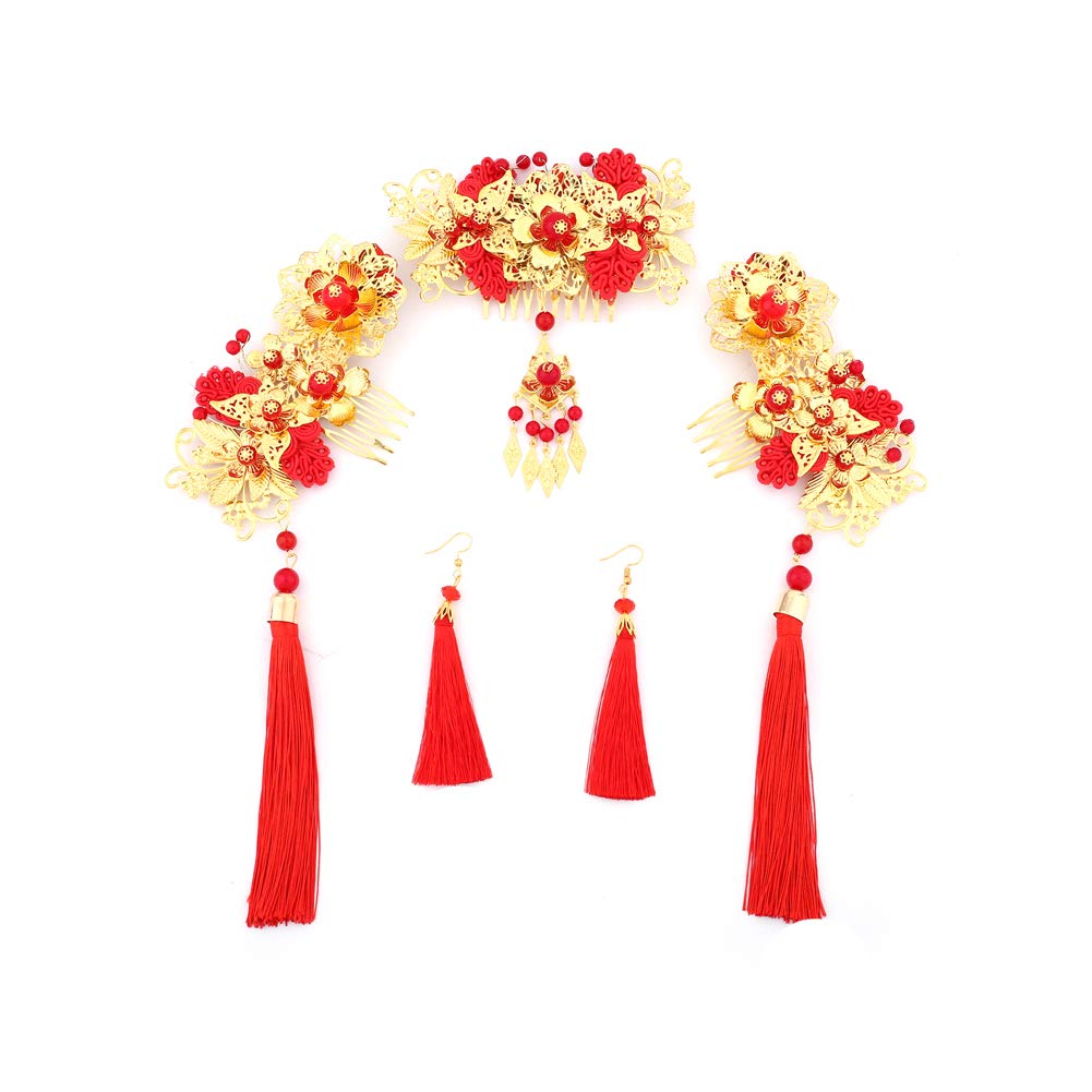 Chinese Traditional Bridal Tassels Hair Ornaments With Earrings Set Hair Pins Decorative