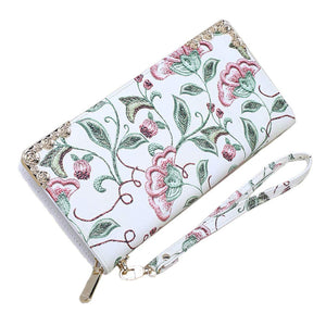 3.9 x 8.3 Inches Stylish Women Long Purse Floral PU Leather Wallet with Zippers White