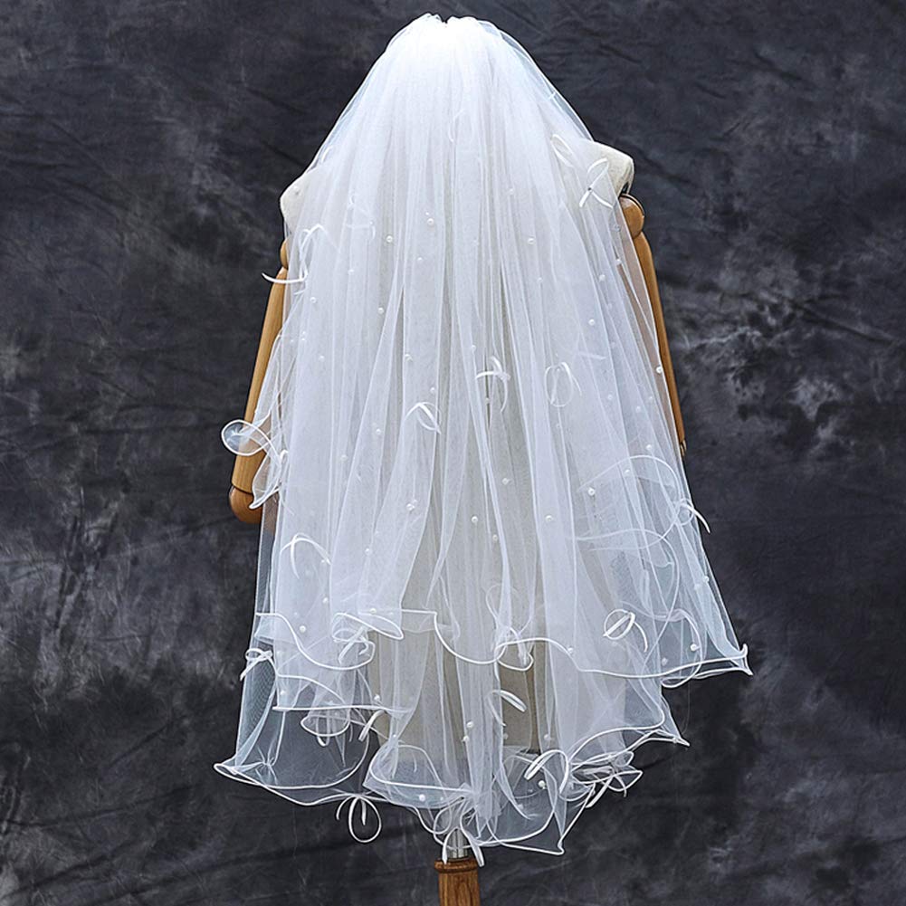 Creative Bow Wedding Veil Fashion Pearl Bridal Veil 2 Tier Fingertip Length 30"