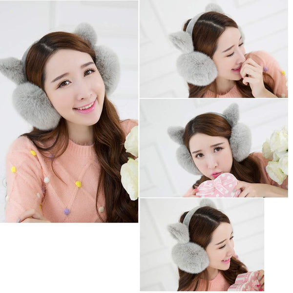 Adjustable Winter Ear Warmer Lovely Faux Fur Cat Ear Headband Gray