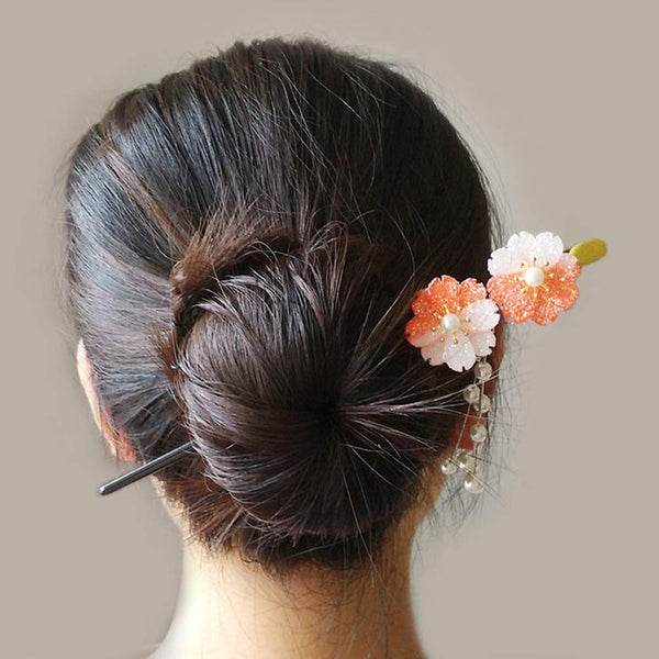 Chinese/Japanese Style Black Sandalwood Sakura Hairpin Vintage Pearl Hair Pins With Tassels