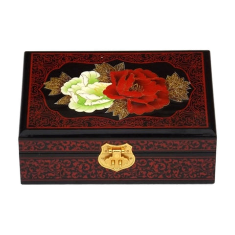 Chinese Style Two-Layer Wooden Jewelry Box Organizer Display Storage Case with Lock, Green Peony
