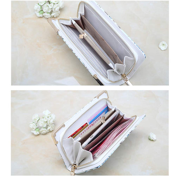 3.9 x 8.3 Inches Stylish Women Long Purse Floral PU Leather Wallet with Zippers Gray