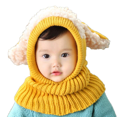 Lovely Baby Winter Warm Cap Knitted Rabbit Ears Hat Unique Woolen Baby Hat with Scarf Yellow