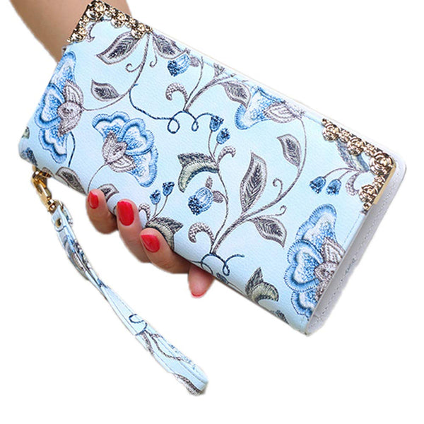 3.9 x 8.3 Inches Stylish Women Long Purse Floral PU Leather Wallet with Zippers Blue