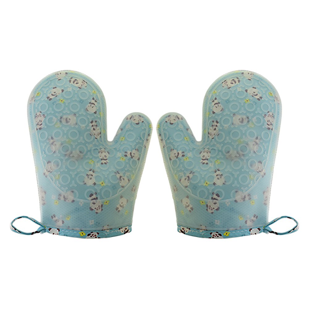 Set of 2 Oven Mitts Heat Resistant Silicone Oven Mitts Cute Panda Print Oven Gloves Silicone Mitts Blue