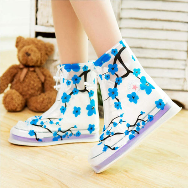 Creative Blue Plum Blossom Print Waterproof Shoe Covers Foldable Non-Slip Cycling Shoe Covers