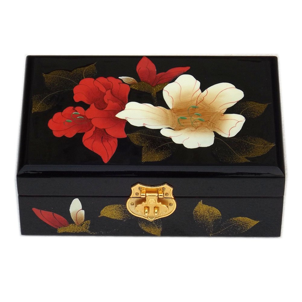 Two-Layer Wooden Jewelry Box Display Storage Case Treasure Chest Case with Lock, Black Hibiscus