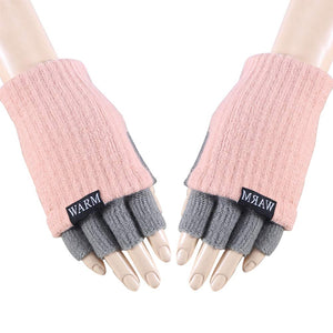 1 Pair Simple Style Woolen Gloves Half Finger Winter Warm Gloves for Women (Pink+Gray)