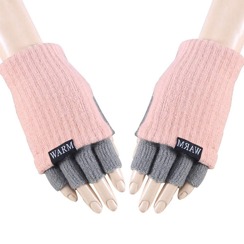1 Pair Simple Style Woolen Gloves Half Finger Winter Warm Gloves for Women (Pink+Gray)