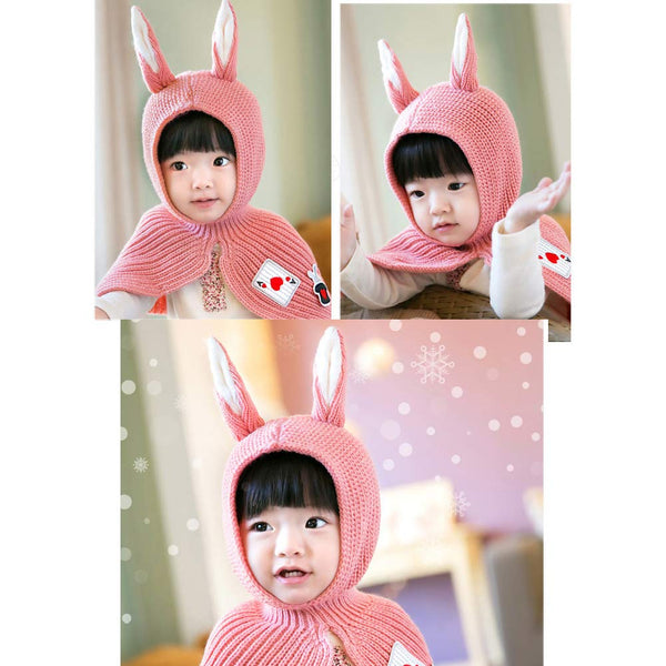 Lovely Baby Winter Conjoined Shawl Warm Cap Knitted Rabbit Ears Hat Unique Woolen Baby Hat Pink