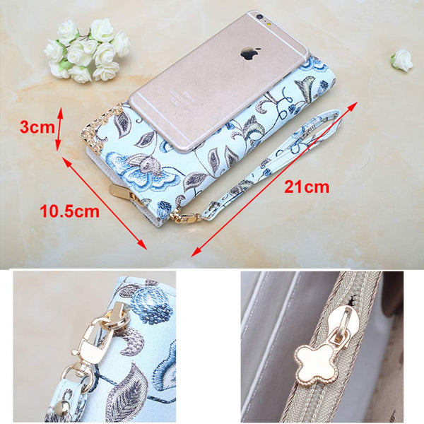 3.9 x 8.3 Inches Stylish Women Long Purse Floral PU Leather Wallet with Zippers Gray