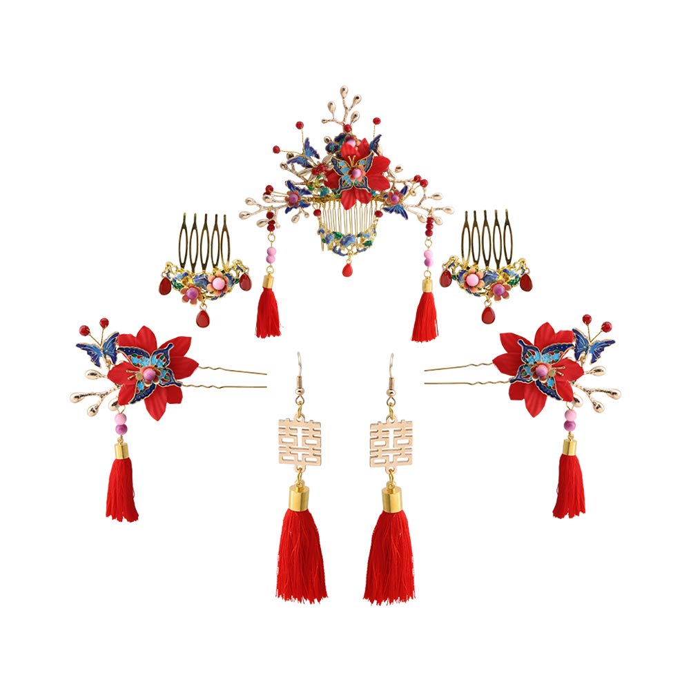Chinese Style Traditional Floral Bridal Hair Ornaments Wedding Hair Styling Side Comb Earrings Set Red