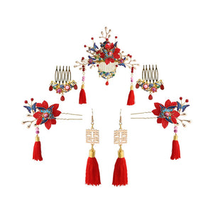 Chinese Style Traditional Floral Bridal Hair Ornaments Wedding Hair Styling Side Comb Earrings Set Red