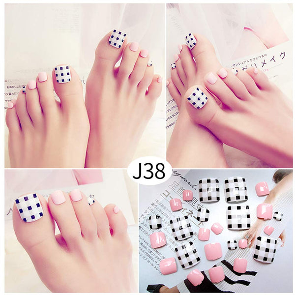 24 Pcs Creative Lattice False Nails Short Artificial False Toe Nails Variety Toe Nails
