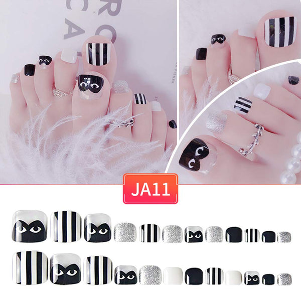 24 Pcs Cute Cartoon Cat False Nails Rhinestone Short Artificial False Toe Nails Black Toe Nails