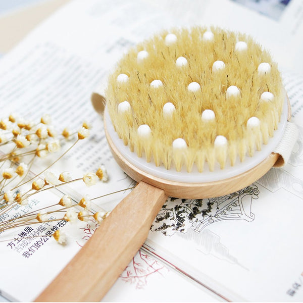 Natural Boar Bristle Body Brush with Long Arc Handle Shower Brush for Exfoliating Skin and Cellulite
