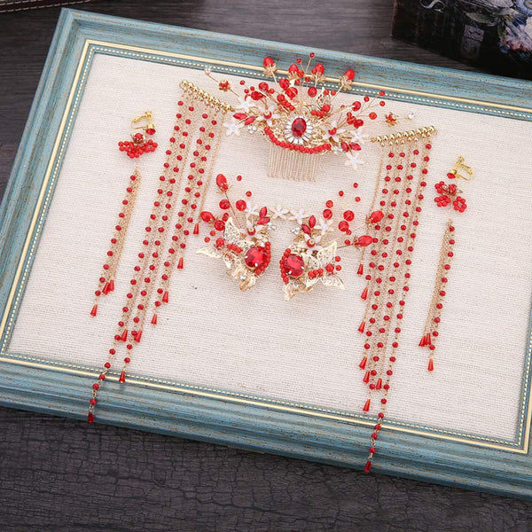 Chinese Ancient Bridal Hair Accessories With Styling Earrings Set Delicate Red Rhinestone Bead Hair Pins