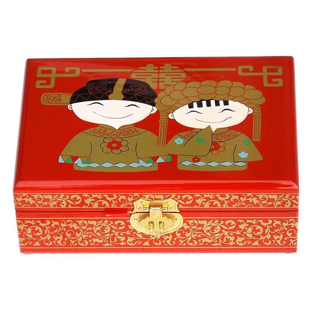 Two-Layer Wooden Jewelry Box Display Storage Case Treasure Chest Case with Lock, Couple Doll