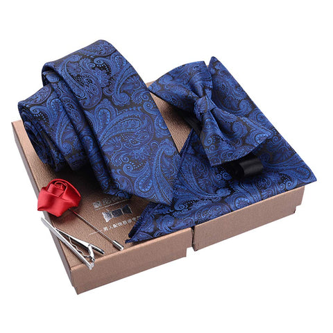 Fashionable Premium Formal/Informal Ties Set Necktie/Bow Tie/Pocket Square Paisley Navy Blue