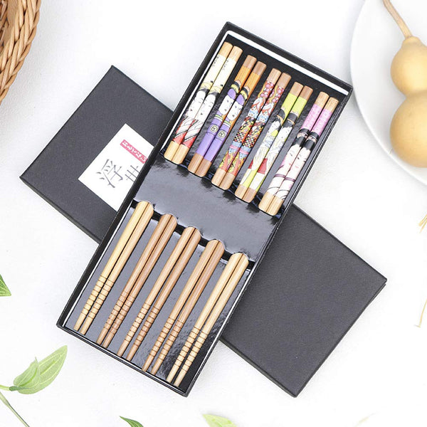 Chinese/Japanese Style 5 Pairs Bamboo Chopsticks Utensil Set with Gift Case (Beautiful Women)