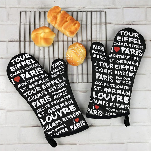Set of 2 Oven Mitts Heat Resistant Kitchen Gloves Text Print Oven Gloves Potholders Black
