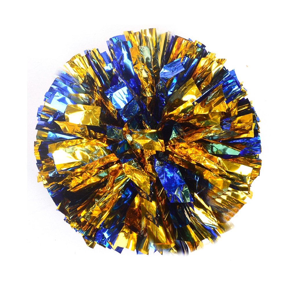 [100g] 1 Pair Cheerleading Poms Metallic Flower Ball Foil Pom Poms Plastic Ring Pom Poms [Blue + Gold]