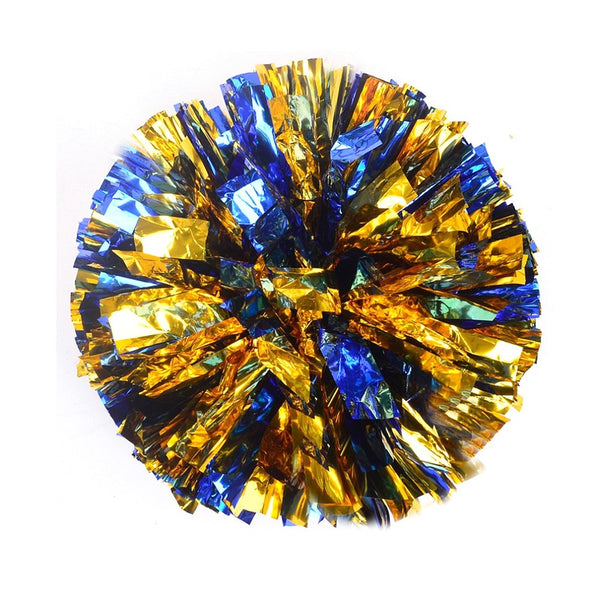 [100g] 1 Pair Cheerleading Poms Metallic Flower Ball Foil Pom Poms Plastic Ring Pom Poms [Blue + Gold]
