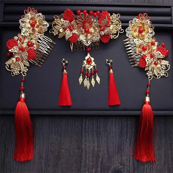 Chinese Traditional Bridal Tassels Hair Ornaments With Earrings Set Hair Pins Decorative