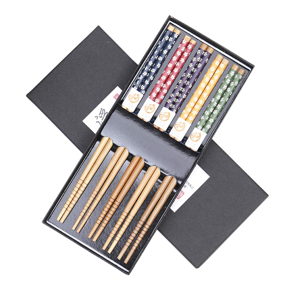 Chinese/Japanese Style 5 Pairs Bamboo Chopsticks Utensil Set with Gift Case (Sakura)