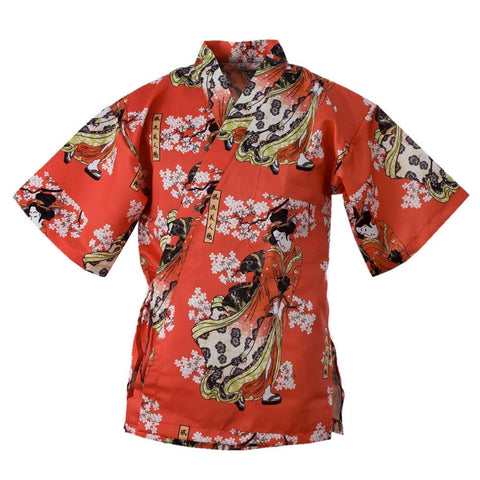 Japanese Style Vintage Chefs Clothes Half Sleeve Uniform Sushi Restaurant Waitress Workwear Red (Women and Sakura) M