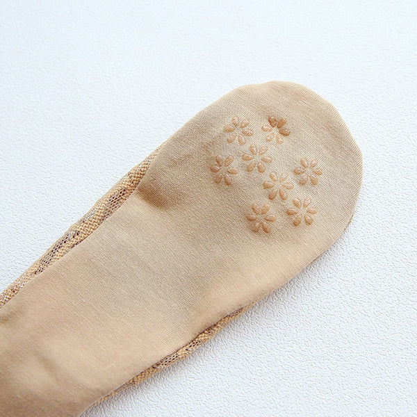 5 Pairs Women No Show Liner Socks, Thin Casual Low Cut Socks Silk Lace Cotton Socks (Beige)
