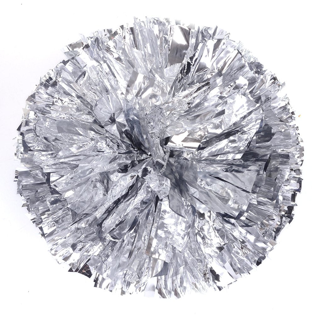 [100g] 1 Pair Cheerleading Poms Metallic Flower Ball Foil Pom Poms Plastic Ring Pom Poms [Silver]