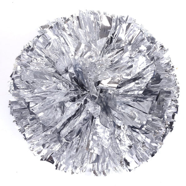 [100g] 1 Pair Cheerleading Poms Metallic Flower Ball Foil Pom Poms Plastic Ring Pom Poms [Silver]