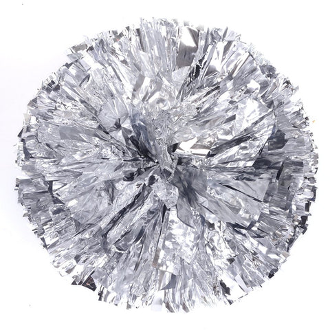 [100g] 1 Pair Cheerleading Poms Metallic Flower Ball Foil Pom Poms Plastic Ring Pom Poms [Silver]