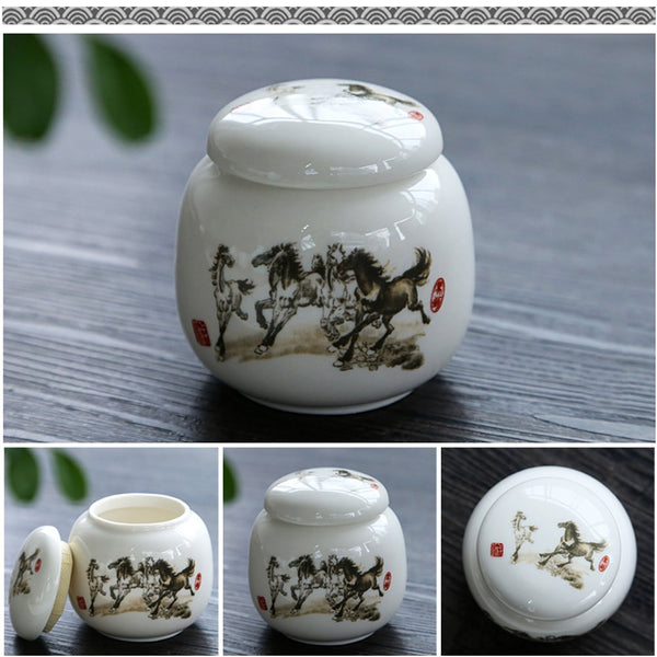Horses Print Mini Porcelain Tea Storage Tin for Loose Tea White Ceramic Tea Storage Chest Spice Jar