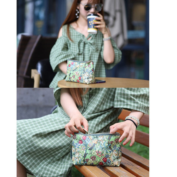 Floral Coin Purse Small Makeup Bags Portable Travel Organizer Toiletries Bag Square Pen Pouch Green