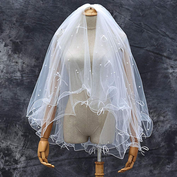 Creative Bow Wedding Veil Fashion Pearl Bridal Veil 2 Tier Fingertip Length 30"