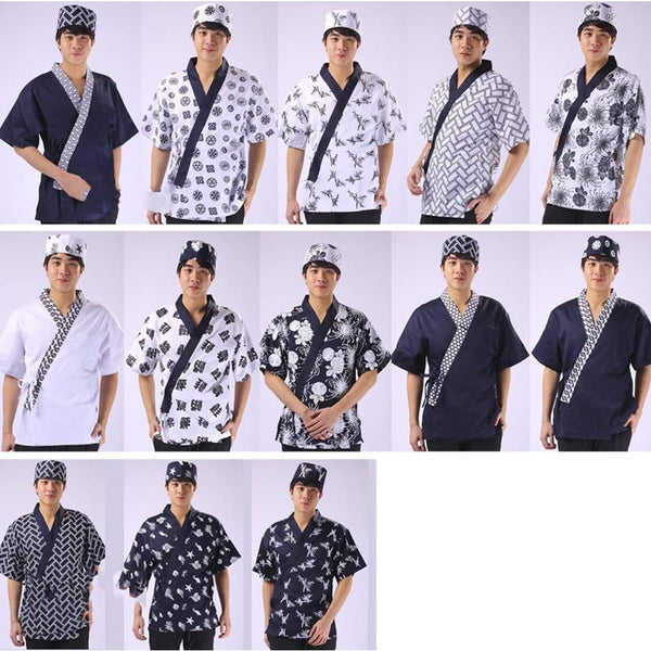 White Chrysanthemum Print Chefs Clothes Half Sleeve Uniform Sushi Restaurant Chef Waiter Clothes Black