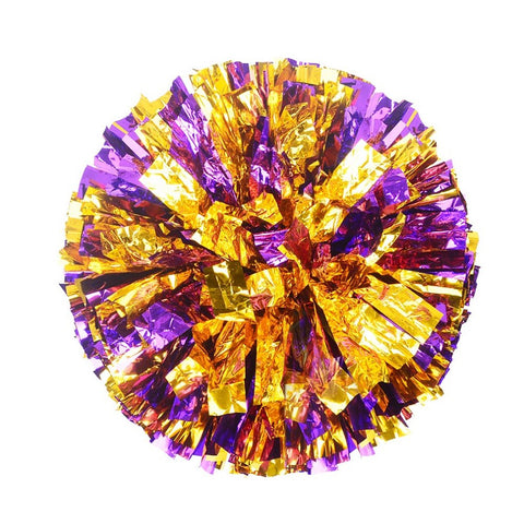 [100g] 1 Pair Cheerleading Poms Metallic Flower Ball Foil Pom Poms Plastic Ring Pom Poms [Purple+ Gold]
