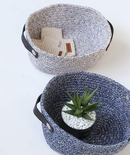 Cotton Rope Storage Basket Laundry Basket with Handles Nursery Hamper Organizer Blue